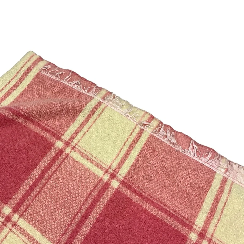 Vintage pink and cream reversible plaid soft wool blanket 72x77